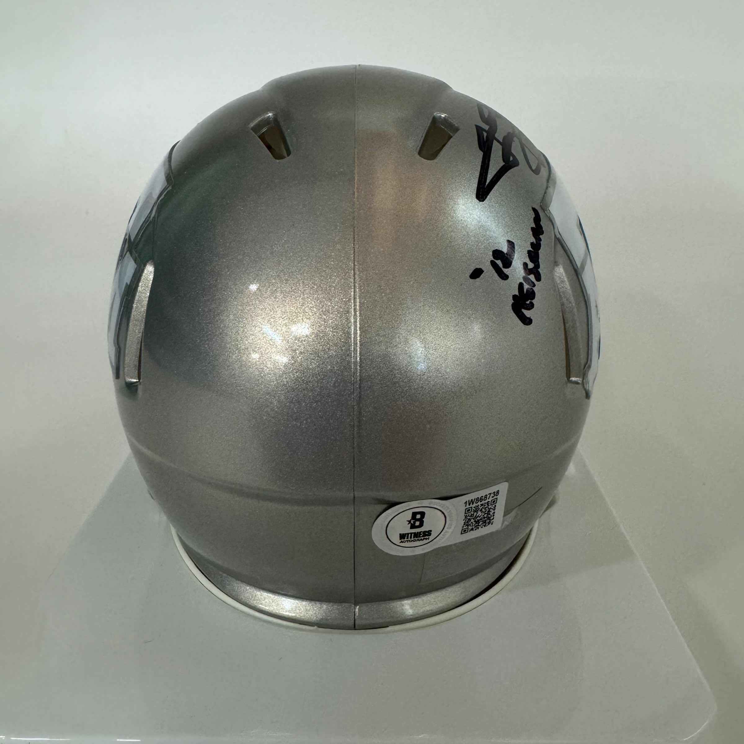 Autographed/Signed Johnny Manziel 12 Heisman Texas A&M Aggies College Football Silver Flash Mini Helmet Beckett BAS COA