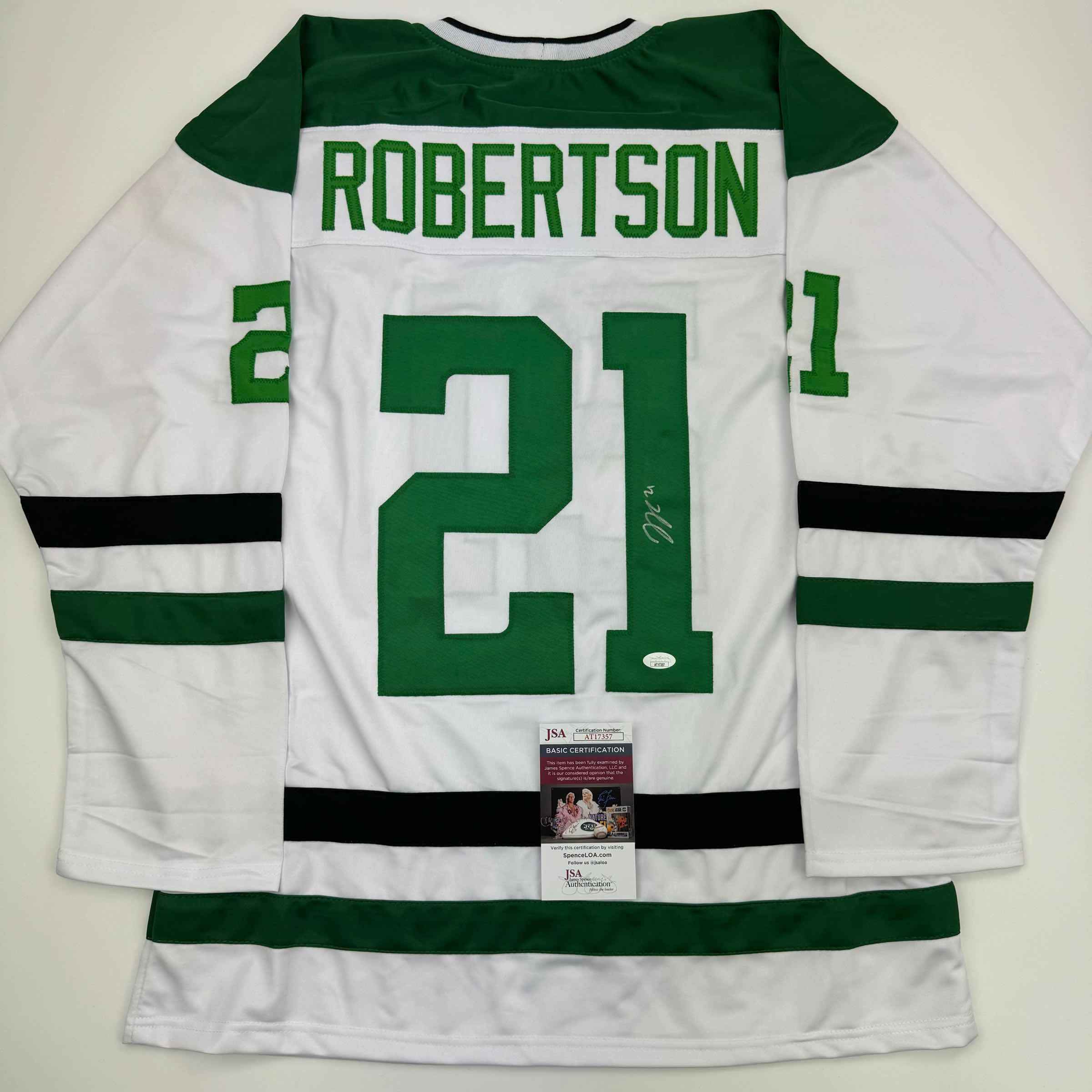 Autographed/Signed Jason Robertson Dallas White Hockey Jersey JSA COA