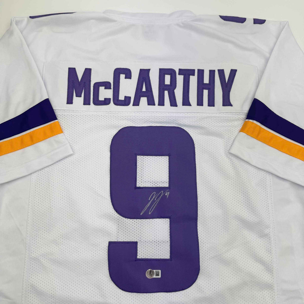 Autographed/Signed J.J. JJ McCarthy Minnesota White Football Jersey Beckett BAS COA