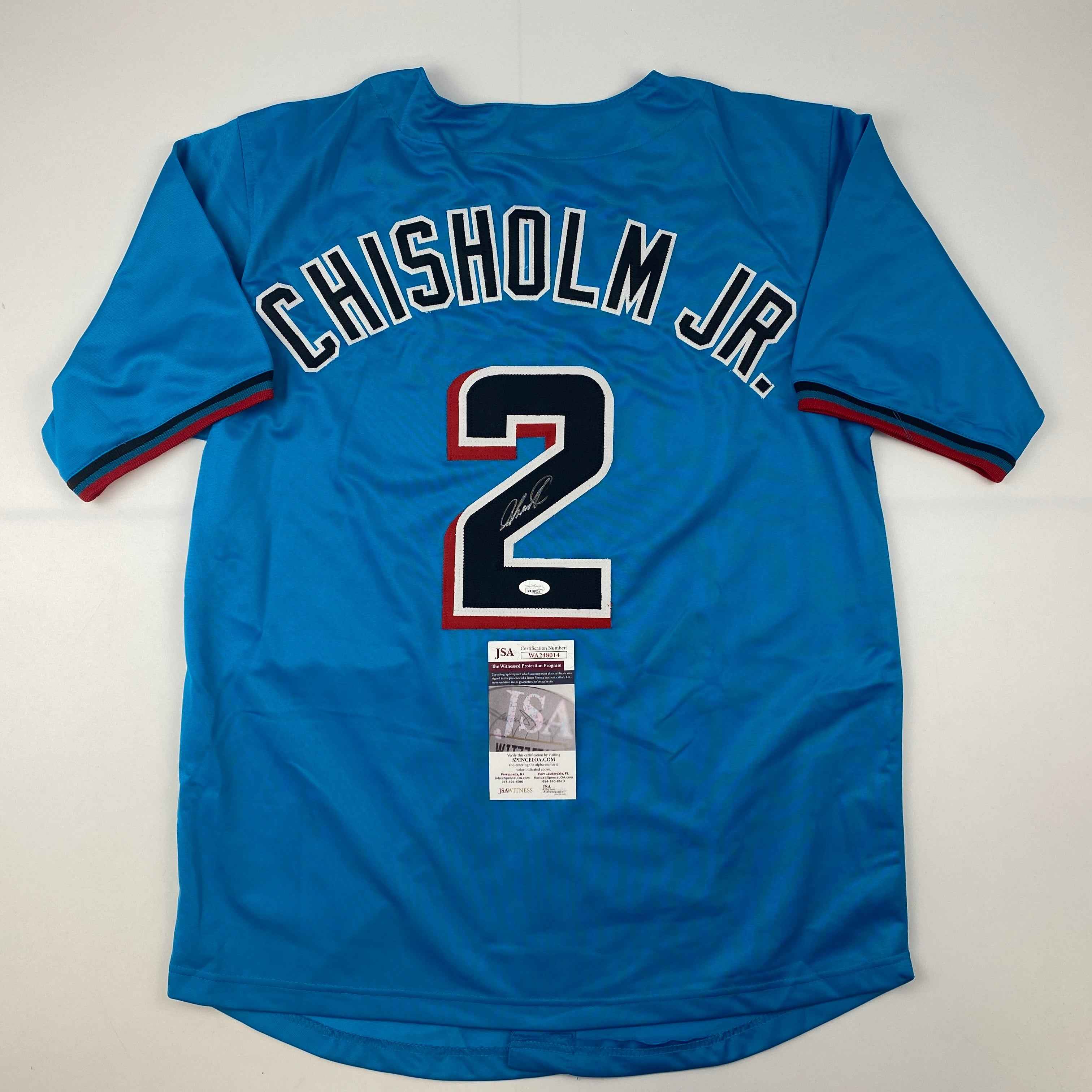 Autographed/Signed Jazz Chisholm Jr. Miami Blue Baseball Jersey JSA COA