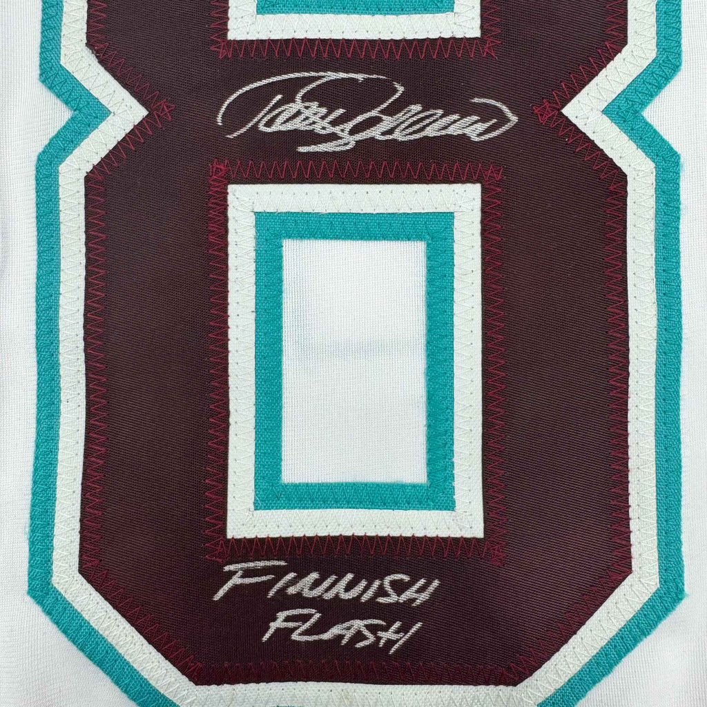 Autographed/Signed Teemu Selanne "Finnish Flash" Anaheim White Retro Hockey Jersey JSA COA