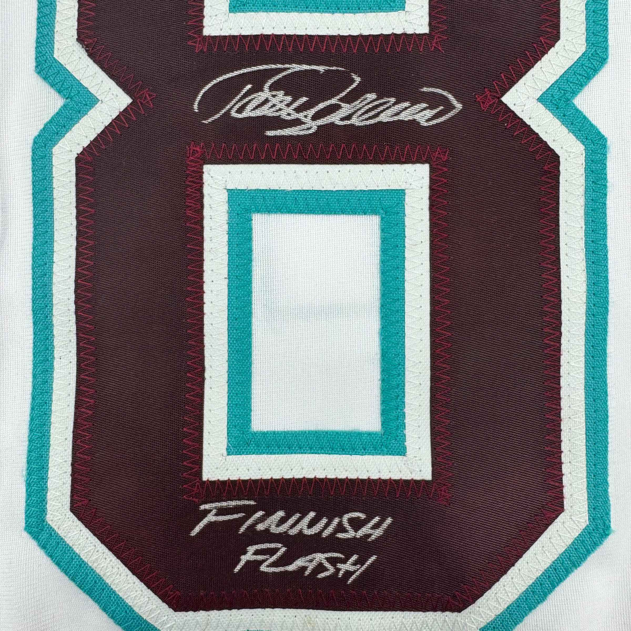 Framed Autographed/Signed Teemu Selanne Finnish Flash 35x39 Anaheim White Retro Hockey Jersey JSA COA
