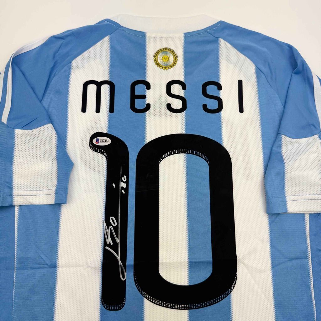Autographed/Signed Lionel Leo Messi Argentina Blue/White Soccer Jersey Beckett BAS COA