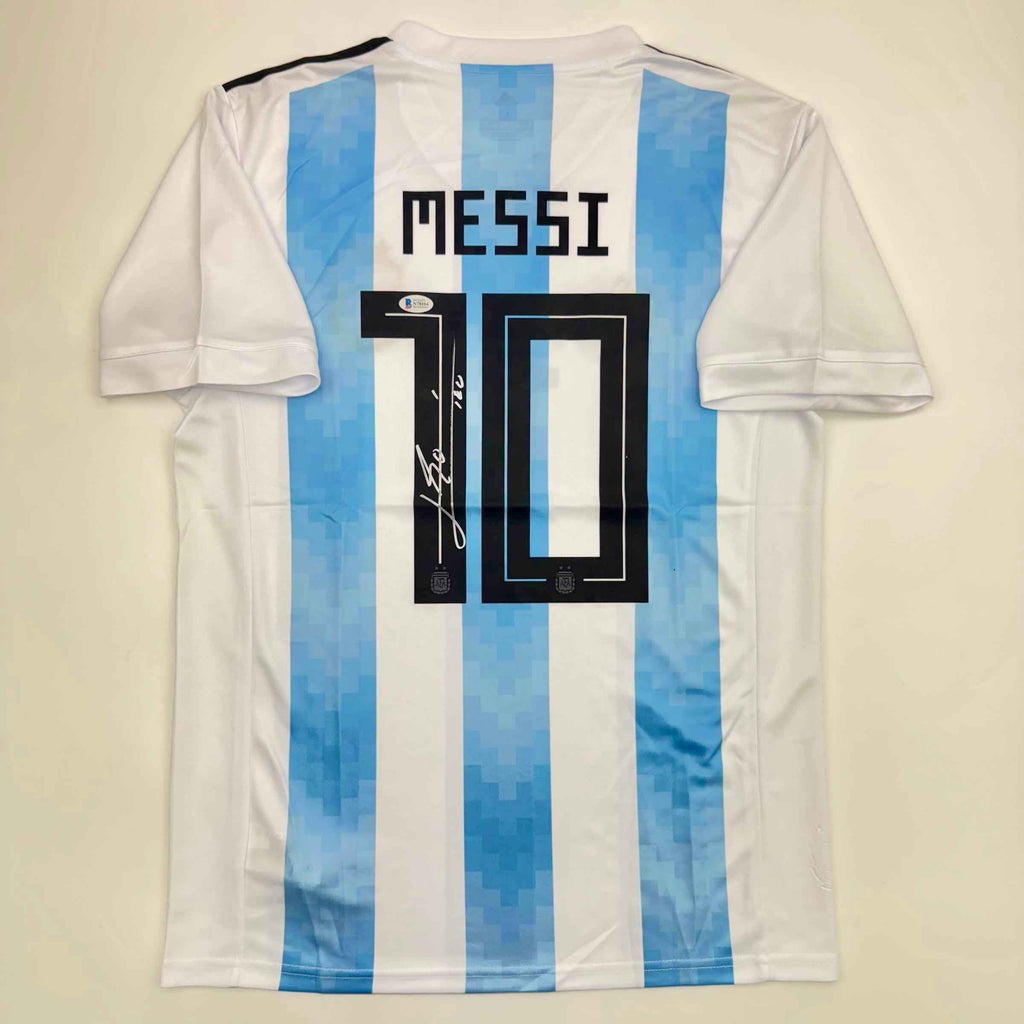 Autographed/Signed Lionel Leo Messi Argentina Blue/White Soccer Jersey Beckett BAS COA