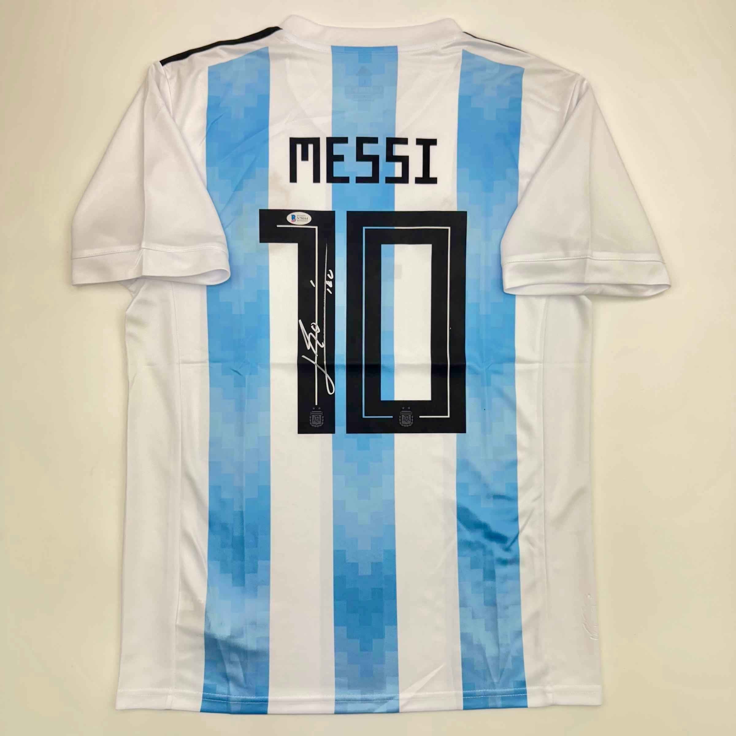 Autographed/Signed Lionel Leo Messi Argentina Blue/White Soccer Jersey Beckett BAS COA