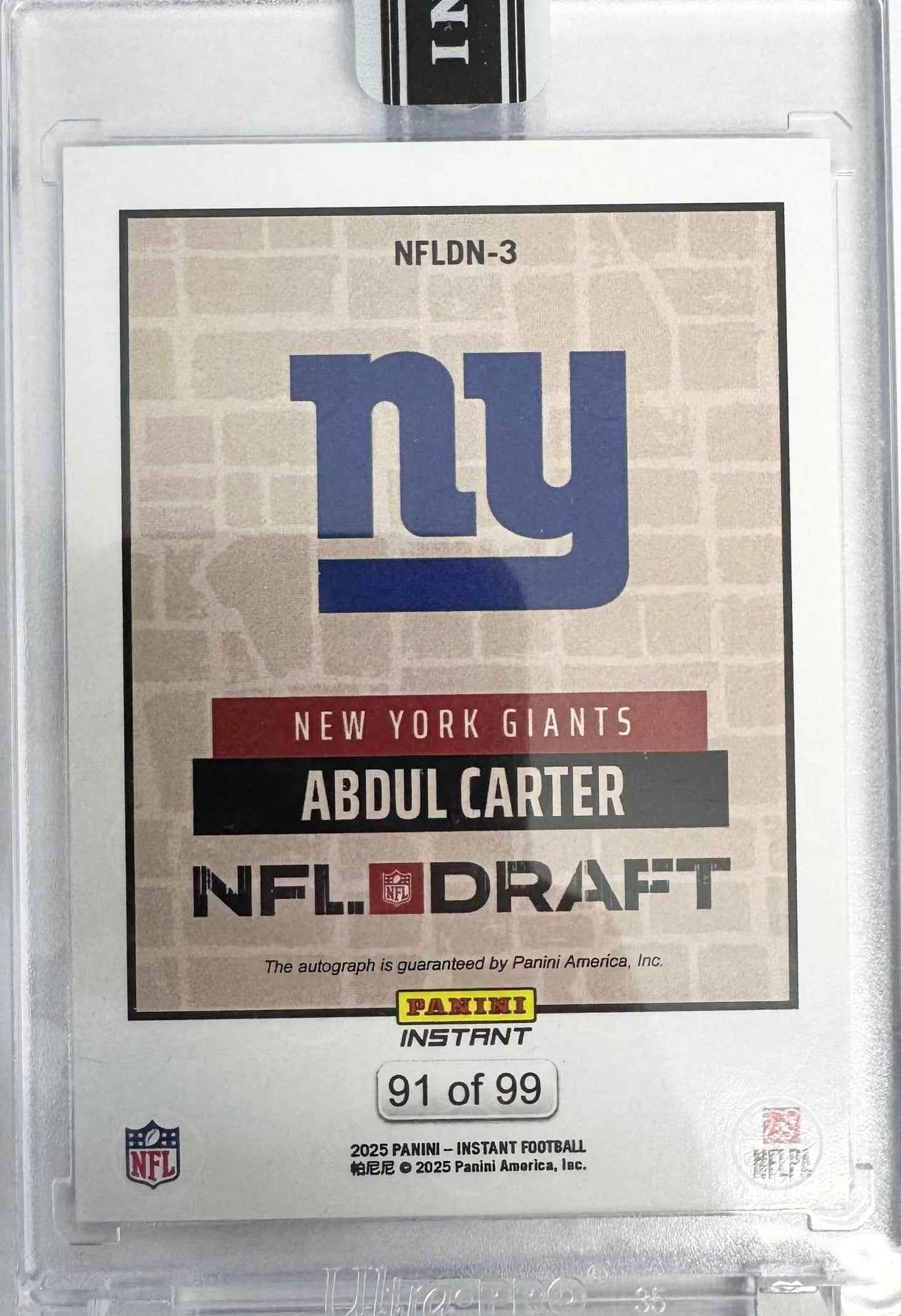 2025 Panini Instant NFL Abdul Carter #DN3 Draft Night Auto /99 New York Giants Rookie RC Football Card