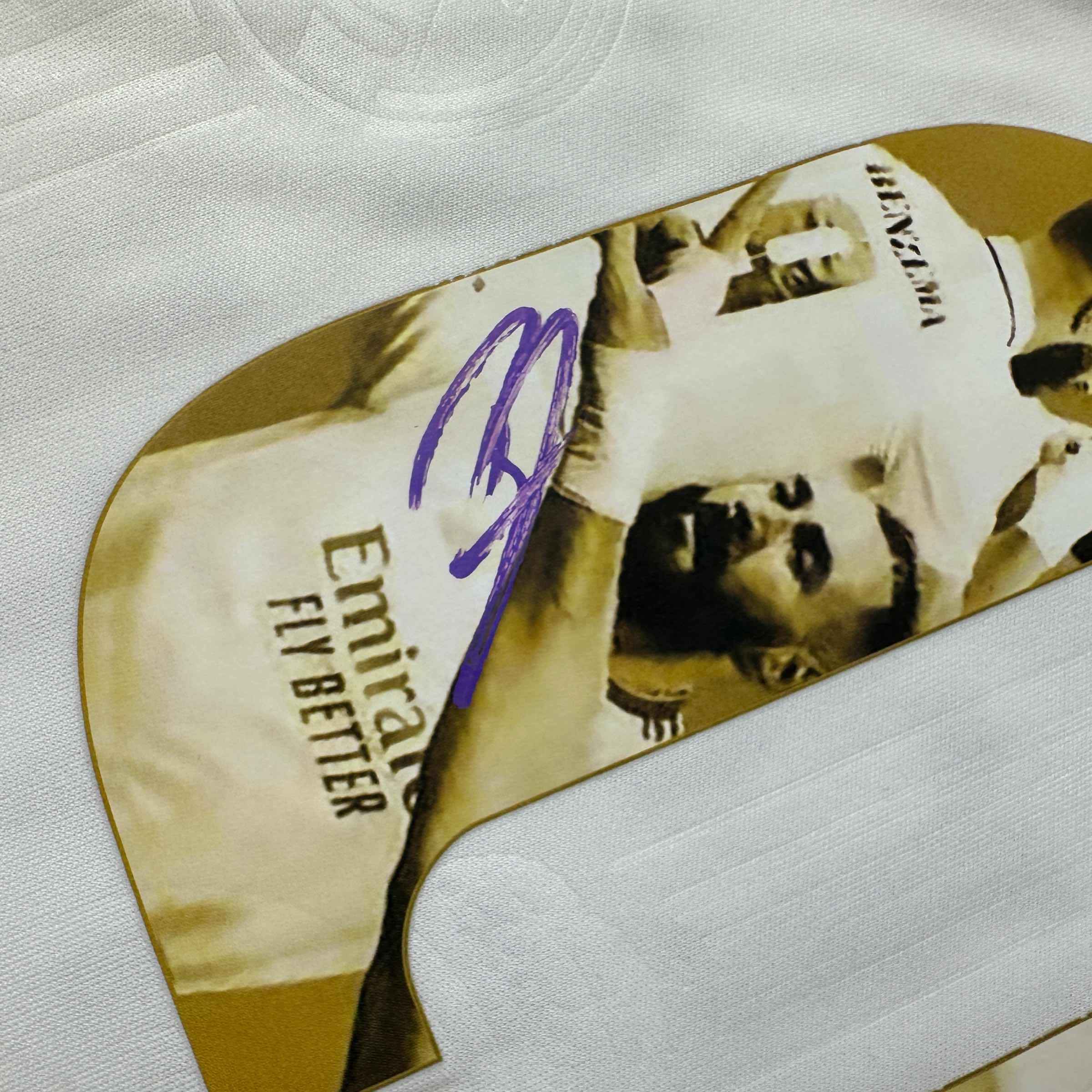 Autographed/Signed Karim Benzema Real Madrid Player Art White Soccer Jersey Beckett BAS COA