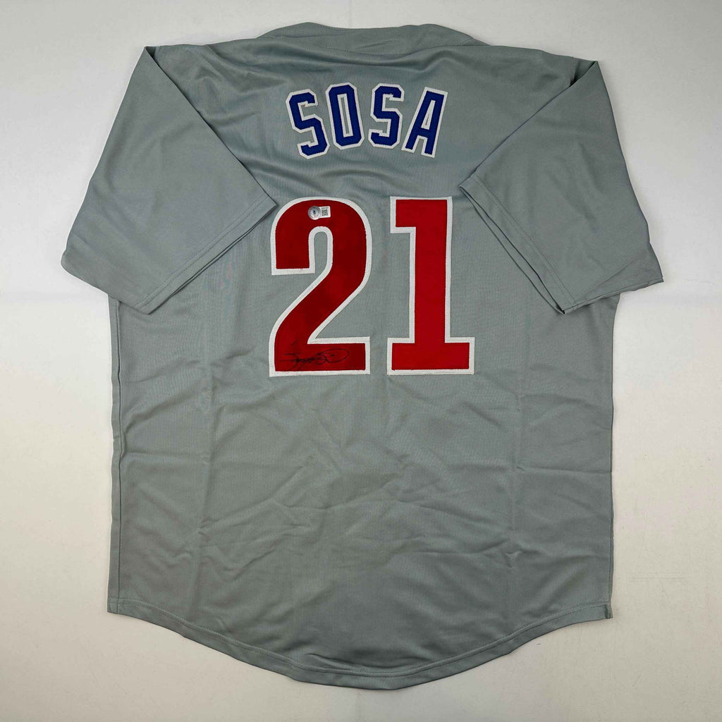 Autographed/Signed Sammy Sosa Chicago Grey Baseball Jersey Beckett BAS COA