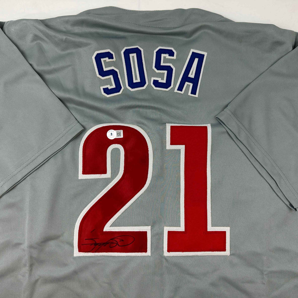 Autographed/Signed Sammy Sosa Chicago Grey Baseball Jersey Beckett BAS COA