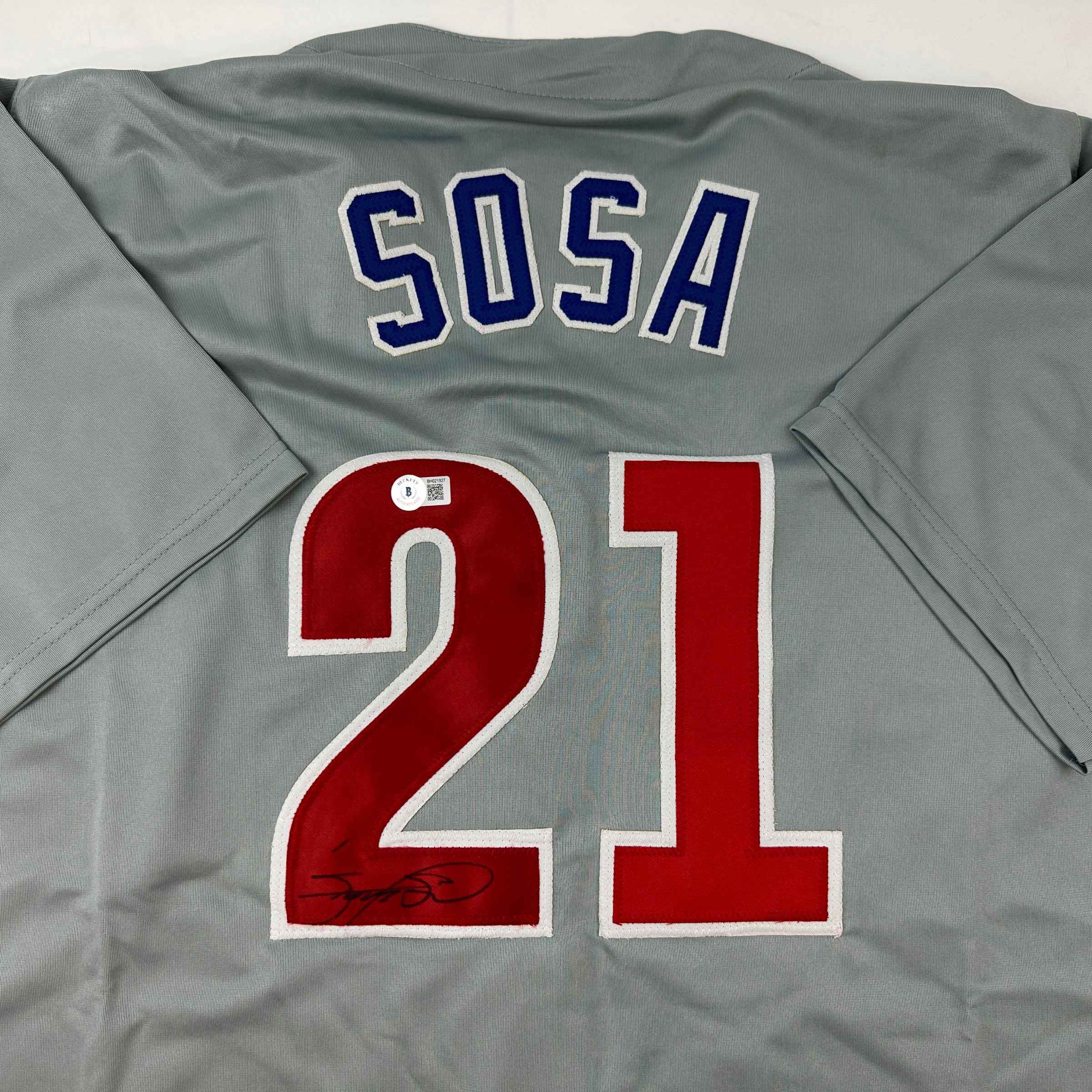 Autographed/Signed Sammy Sosa Chicago Grey Baseball Jersey Beckett BAS COA