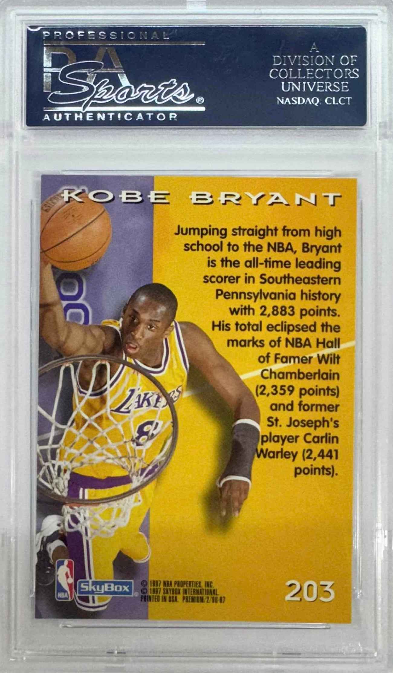 Graded 1996 Skybox Premium Kobe Bryant #203 Rookie RC Basketball Card PSA 10 Gem Mint