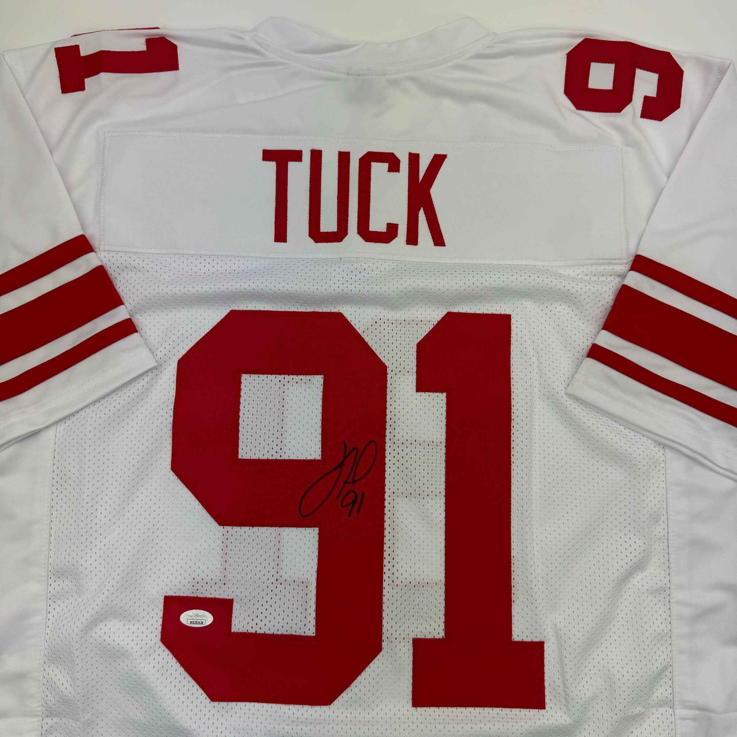 Autographed/Signed Justin Tuck New York White Football Jersey JSA COA