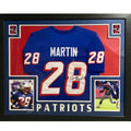 Framed Autographed/Signed Curtis Martin 35x43 New England Blue Football Jersey JSA COA