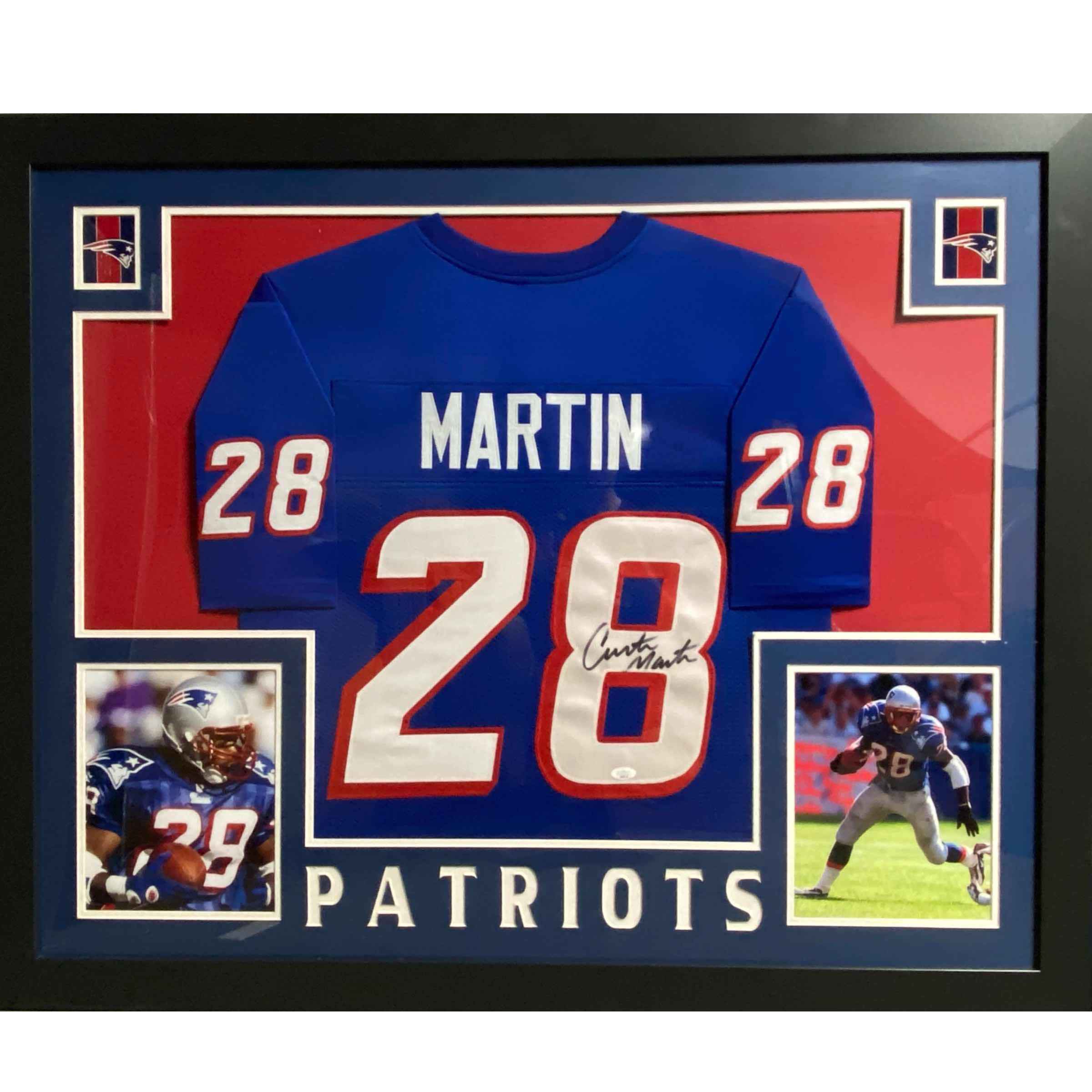 Framed Autographed/Signed Curtis Martin 35x43 New England Blue Football Jersey JSA COA