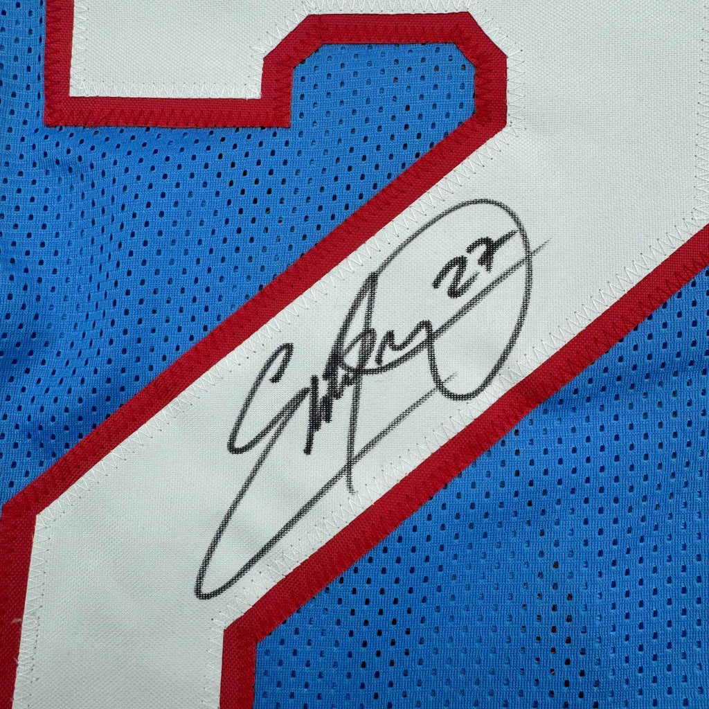 Framed Autographed/Signed Eddie George 35x39 Tennessee Retro Blue Football Jersey Beckett BAS COA