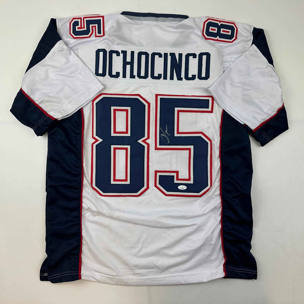 Autographed/Signed Chad Ochocinco (Johnson) New England White Football Jersey JSA COA