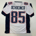 Autographed/Signed Chad Ochocinco (Johnson) New England White Football Jersey JSA COA