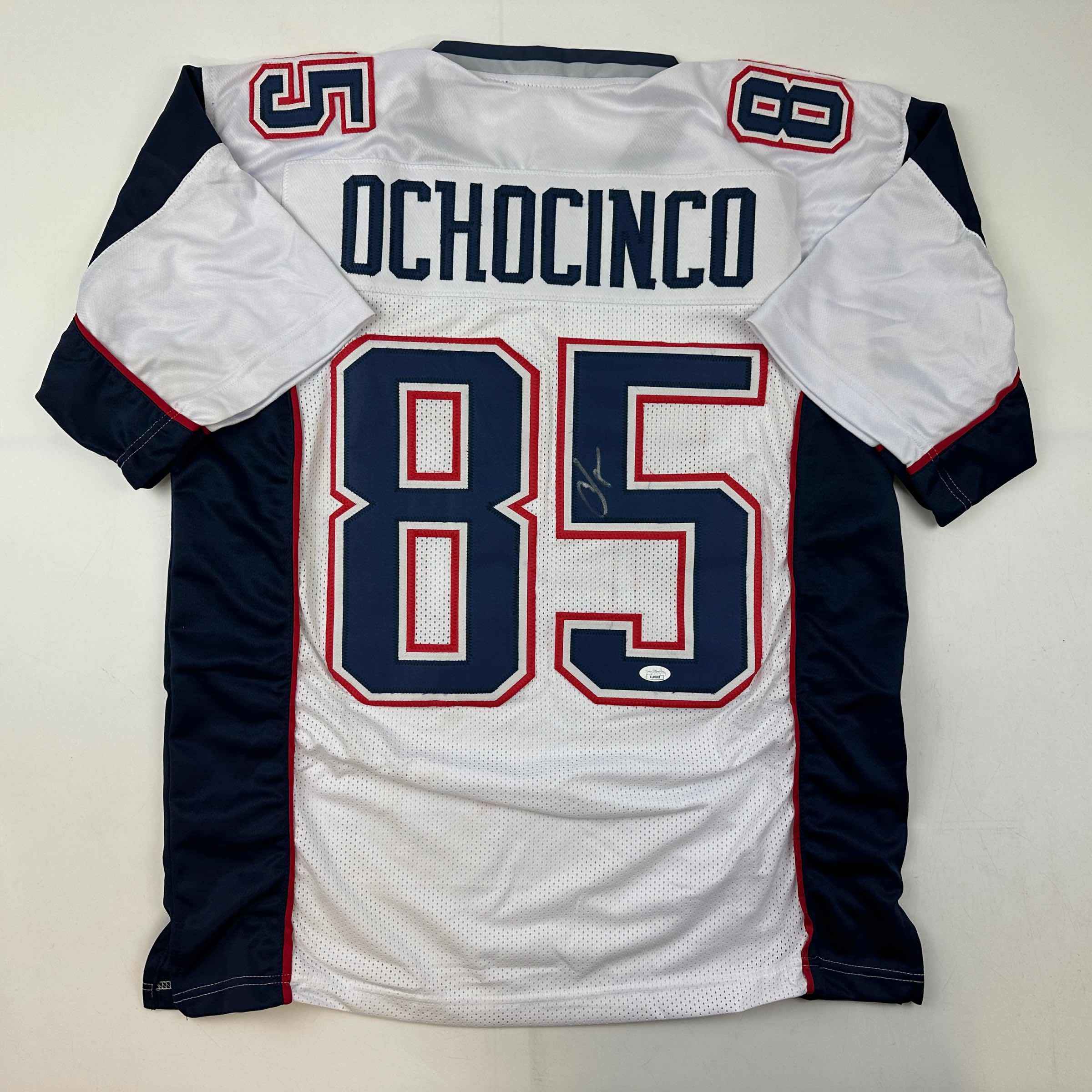 Autographed/Signed Chad Ochocinco (Johnson) New England White Football Jersey JSA COA