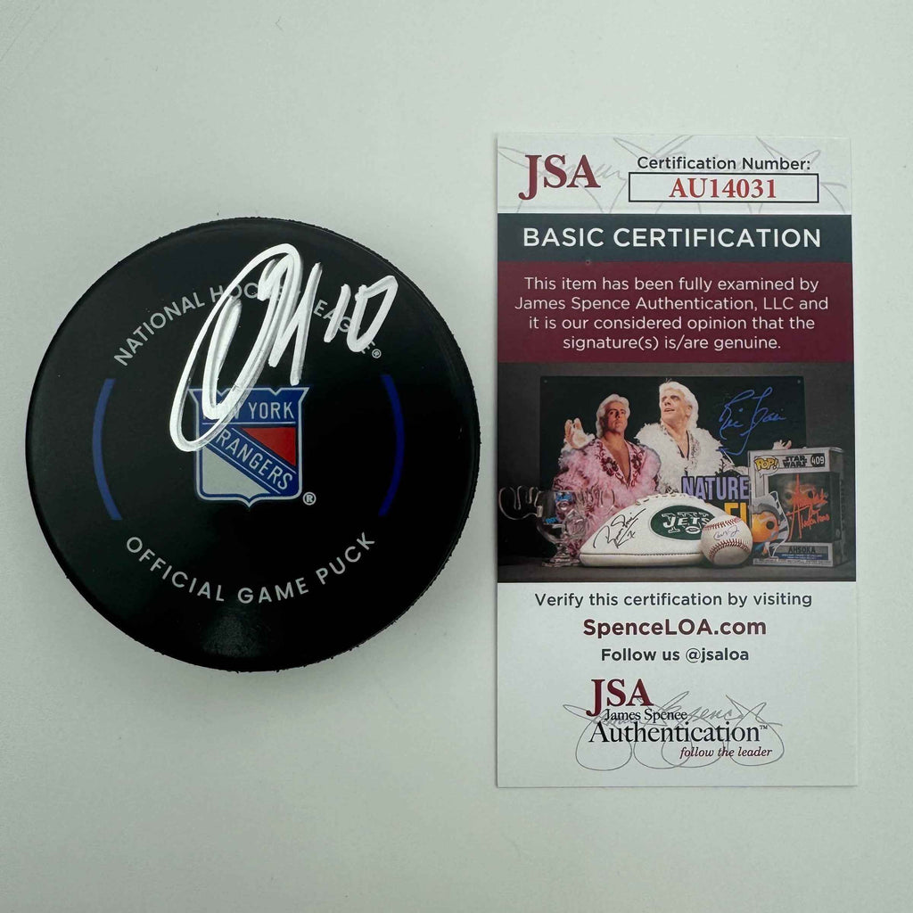 Autographed/Signed Artemi Panarin New York Rangers Logo Hockey Puck JSA COA
