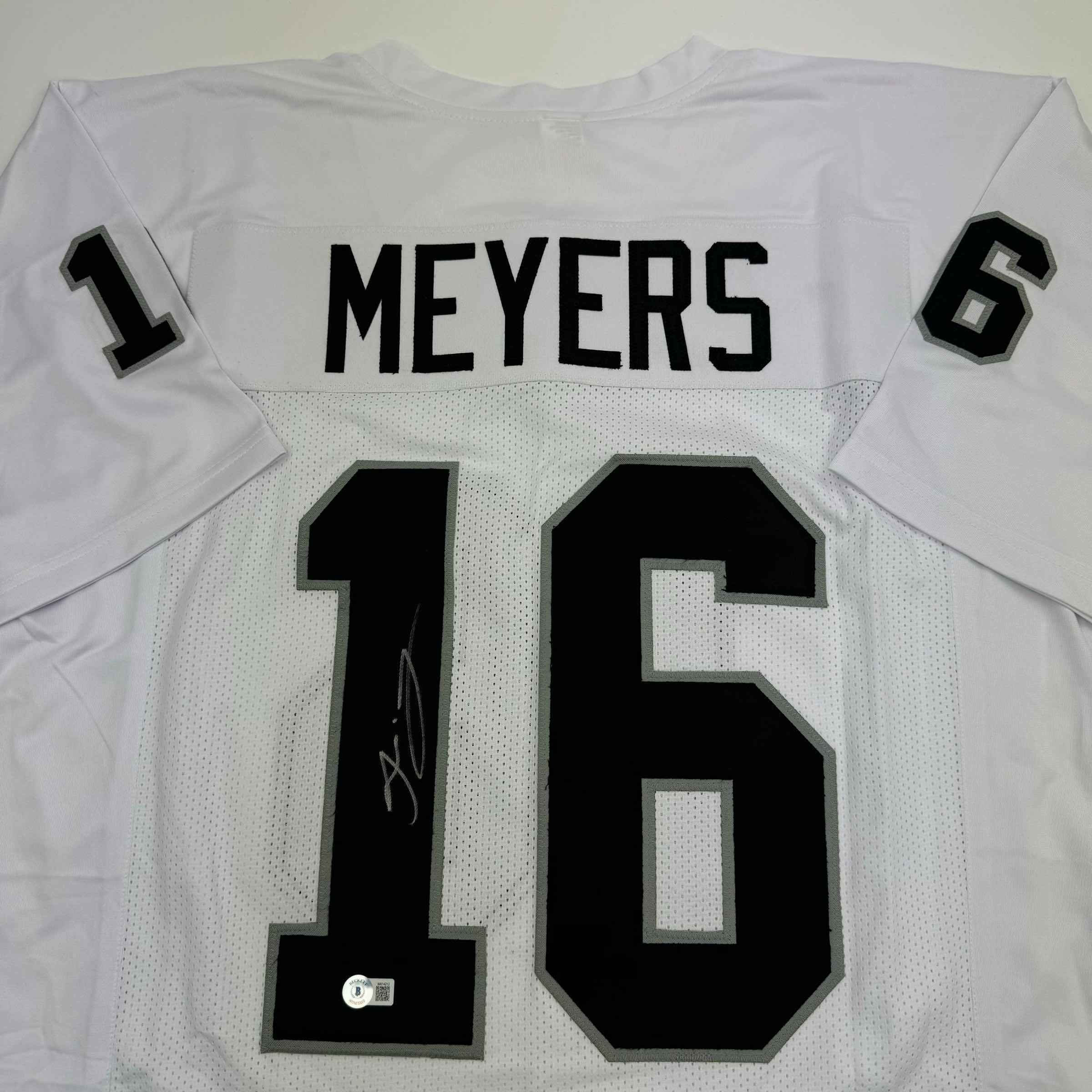 Autographed/Signed Jakobi Meyers Las Vegas Oakland White Football Jersey Beckett BAS COA
