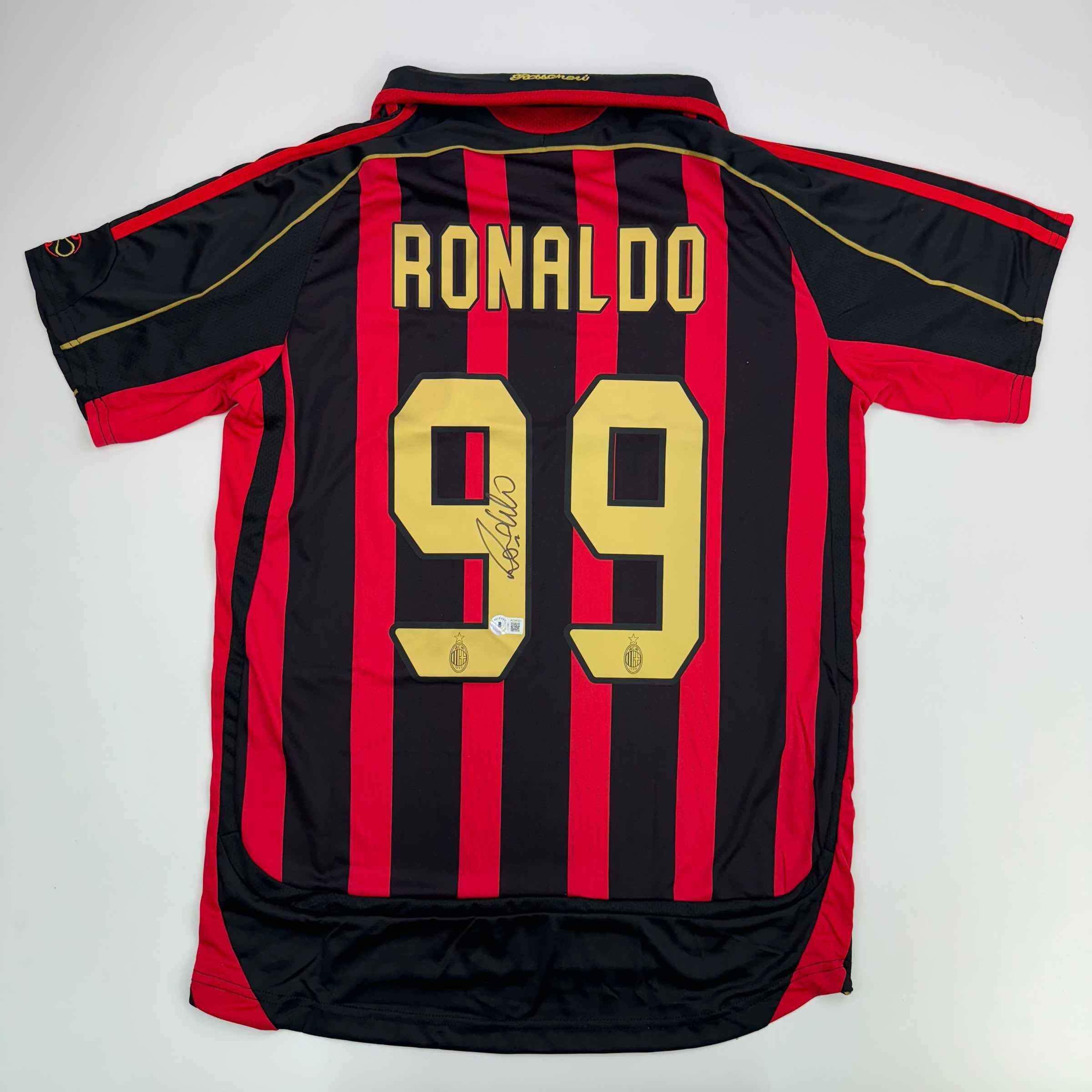 Autographed/Signed Ricardo Ronaldo Nazario AC Milan Black/Red Soccer Futbol Jersey Beckett BAS COA
