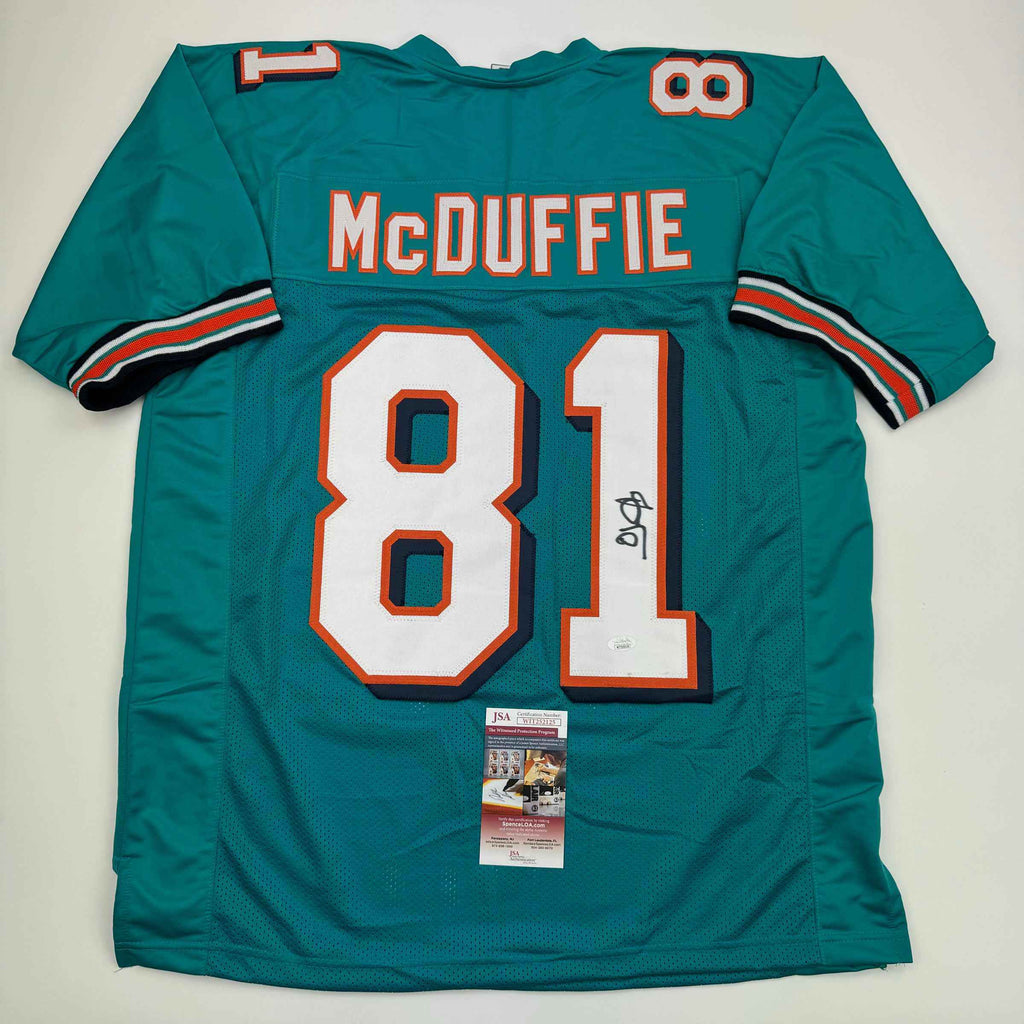 Autographed/Signed O.J. OJ McDuffie Miami Teal Football Jersey JSA COA