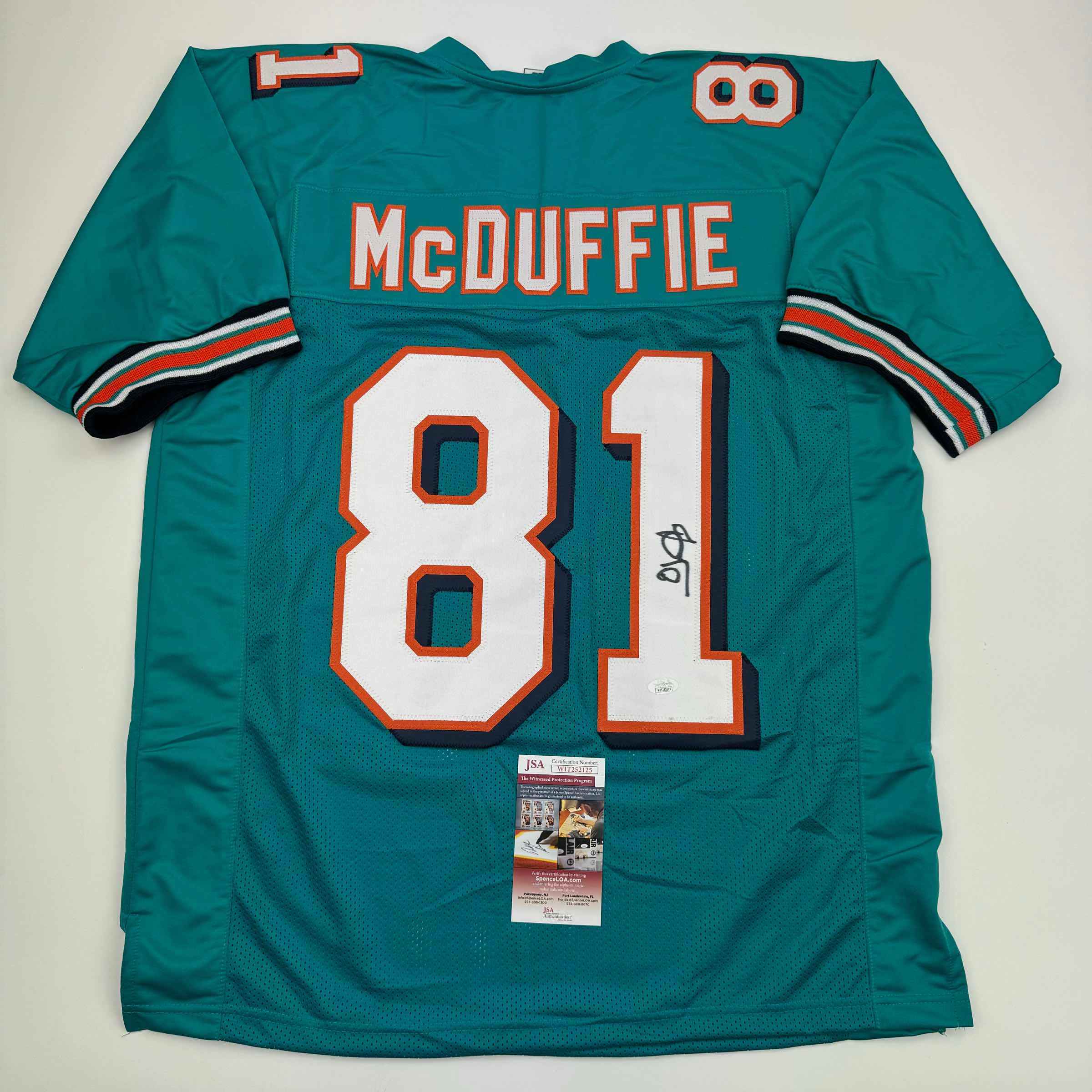 Autographed/Signed O.J. OJ McDuffie Miami Teal Football Jersey JSA COA
