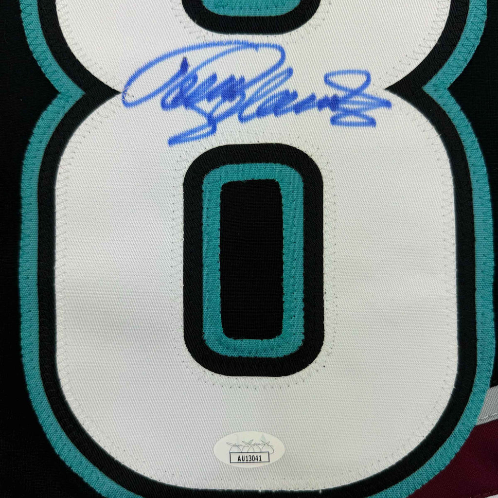 Framed Autographed/Signed Teemu Selanne 35x39 Anaheim Black Retro Hockey Jersey JSA COA