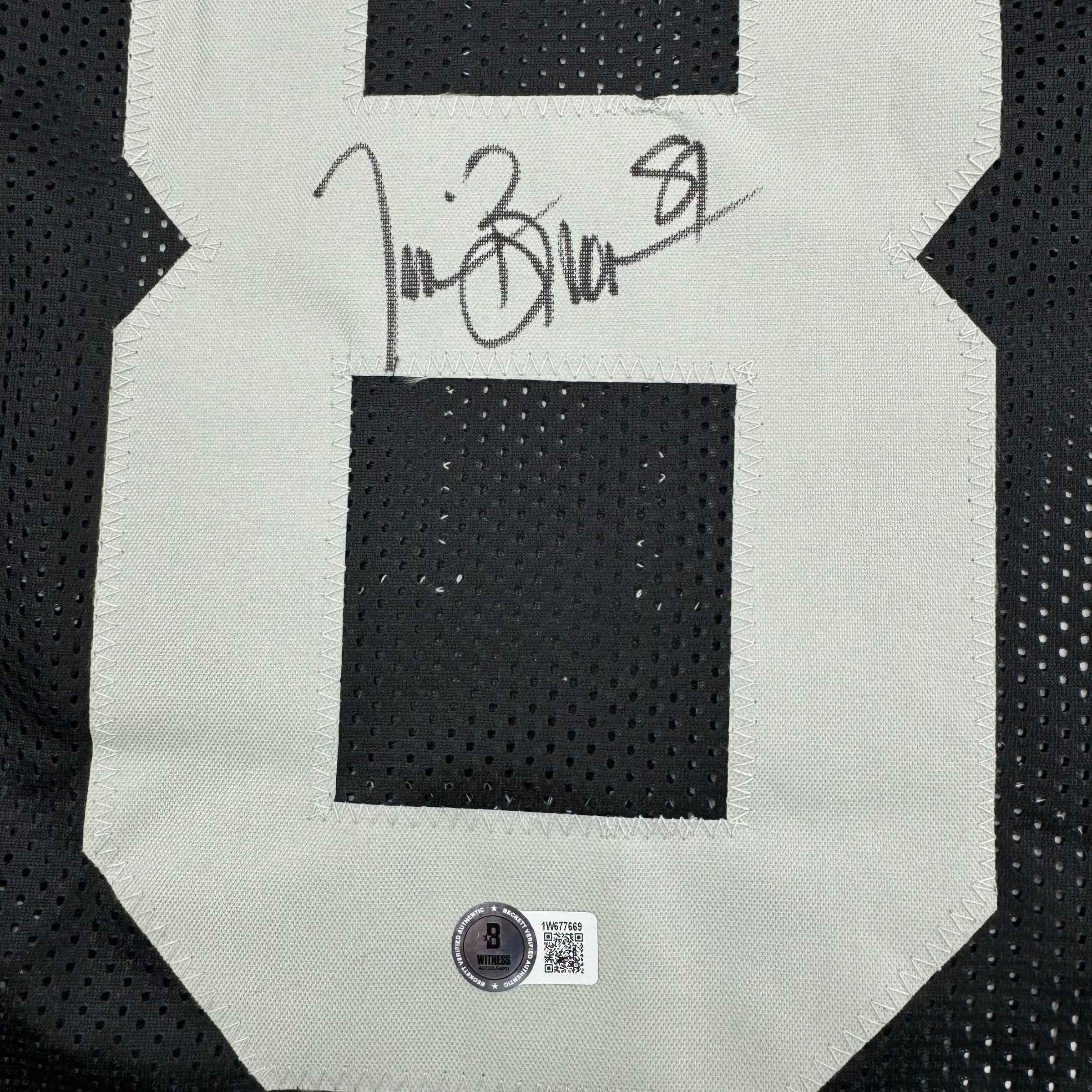 Framed Autographed/Signed Tim Brown 35x39 Oakland Black Football Jersey Beckett BAS COA