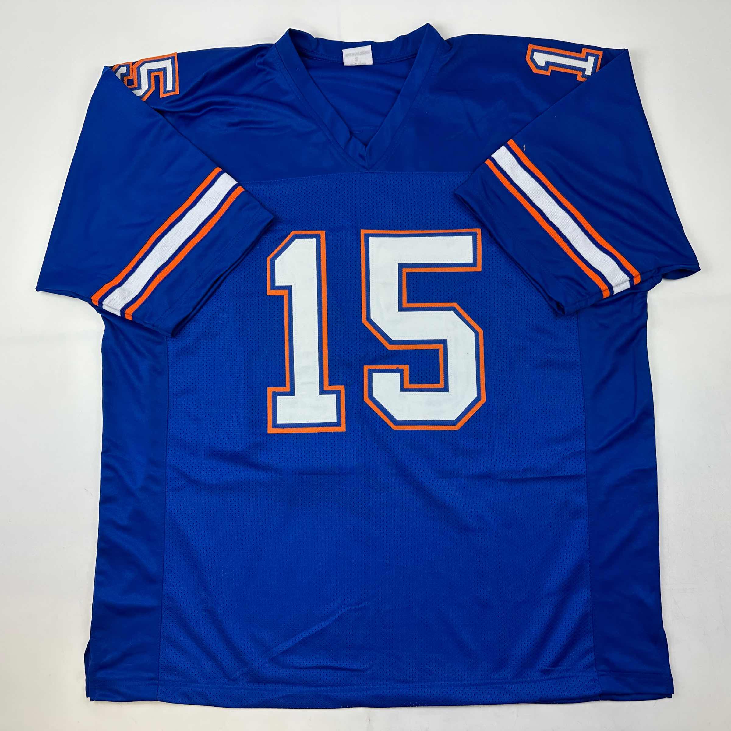 Autographed/Signed Tim Tebow Florida Blue College Football Jersey Beckett BAS COA