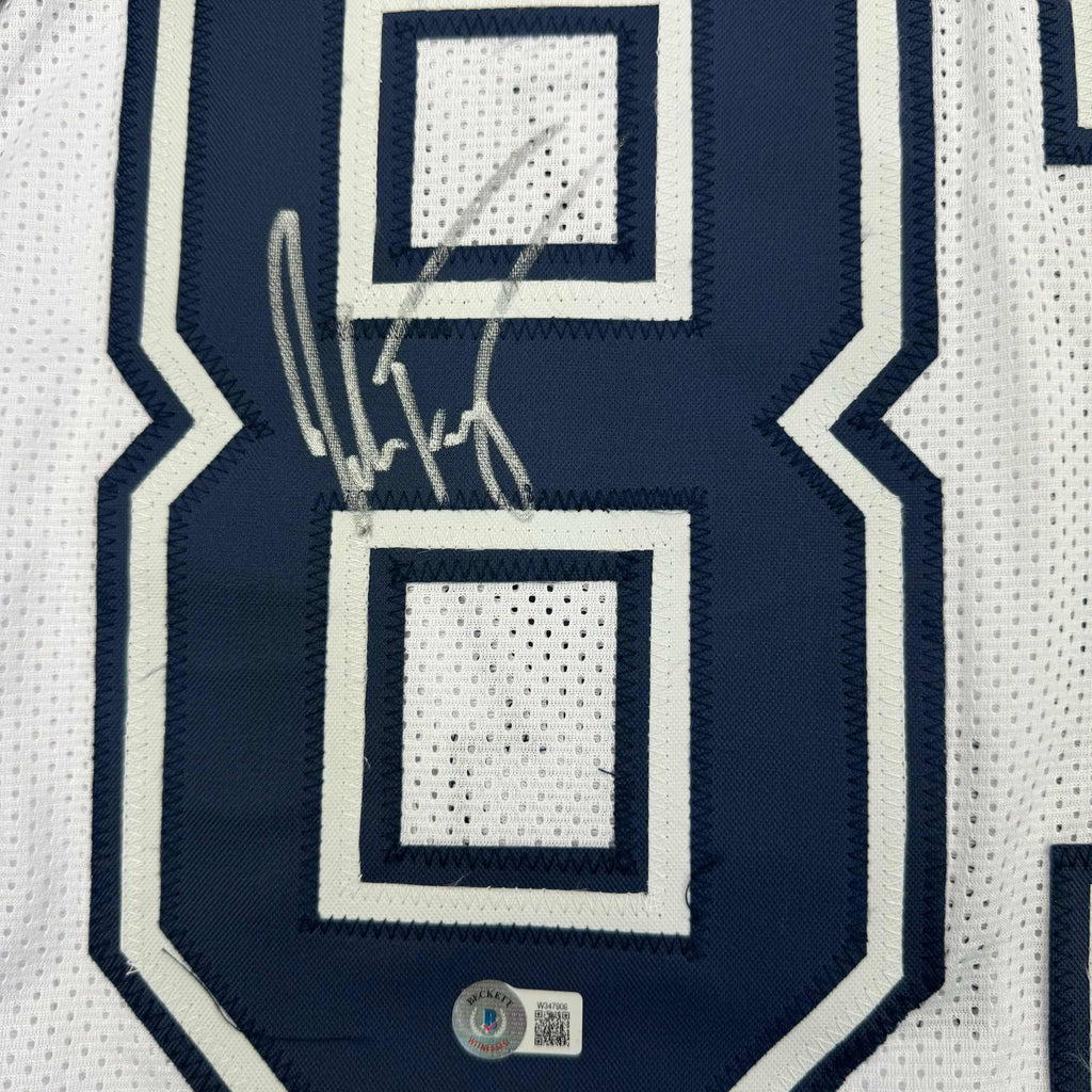 Autographed/Signed Jake Ferguson Dallas White Color Rush Football Jersey Beckett BAS COA