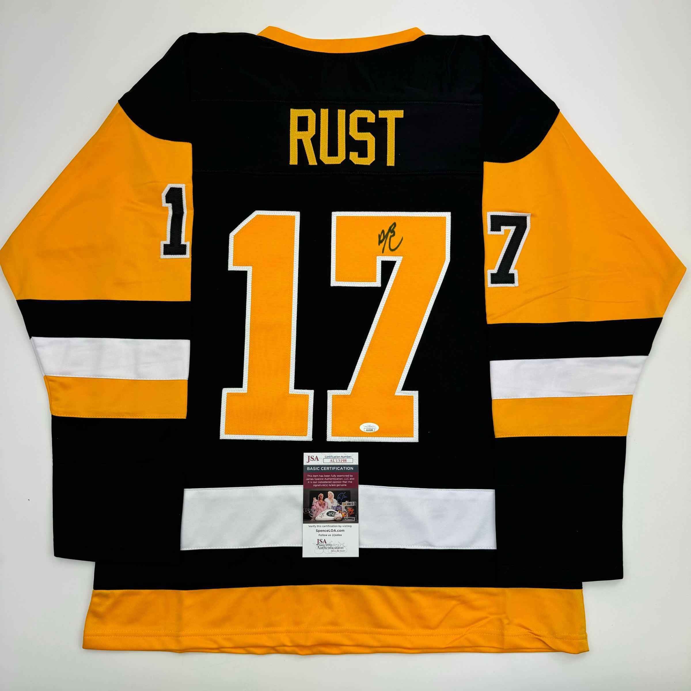 Autographed/Signed Bryan Rust Pittsburgh Black Hockey Jersey JSA COA