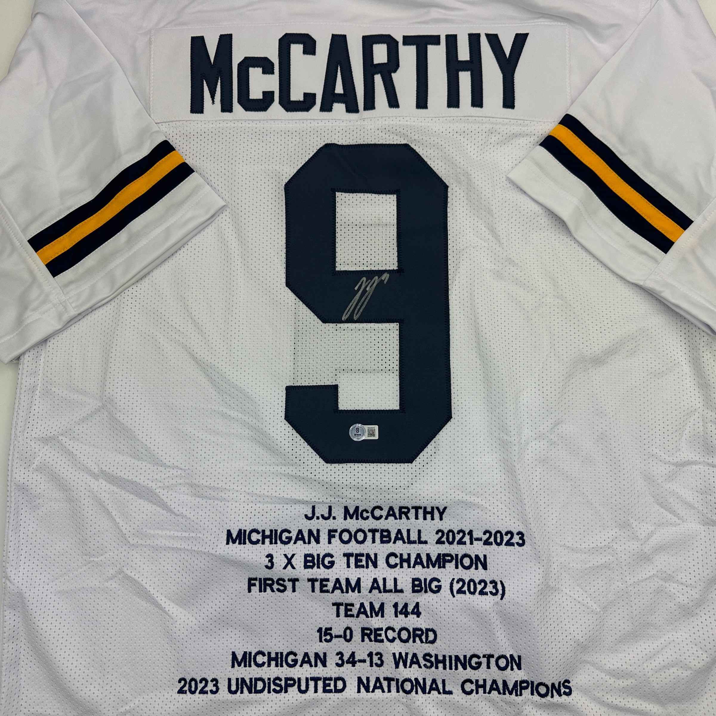 Autographed/Signed J.J. JJ McCarthy Michigan White College Stat Football Jersey Beckett BAS COA