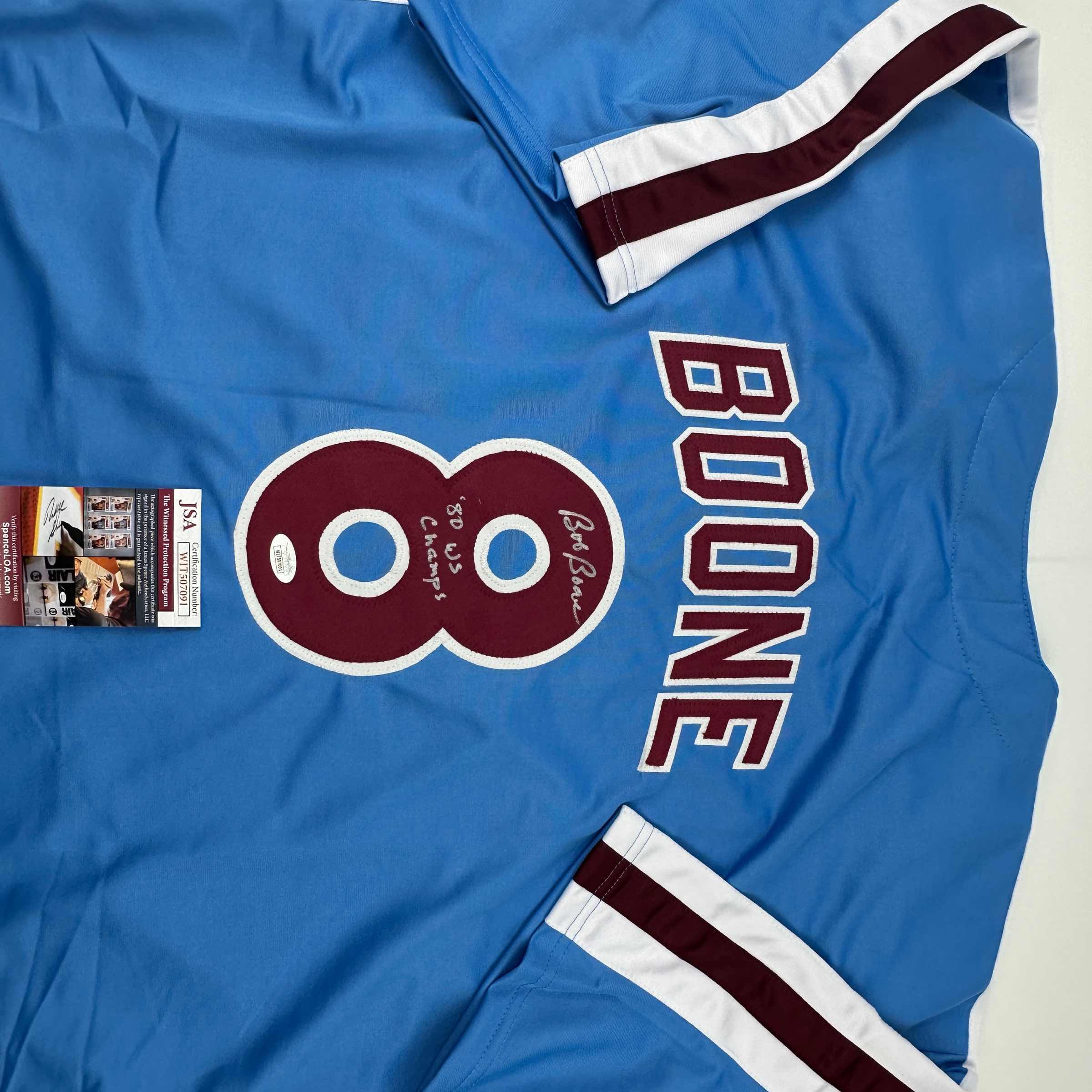 Autographed/Signed Bob Boone 80 WS Champs Philadelphia Retro Blue Baseball Jersey JSA COA