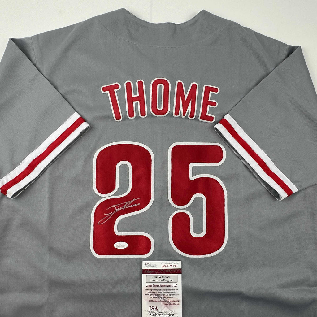 Autographed/Signed Jim Thome Philadelphia Grey Baseball Jersey JSA COA
