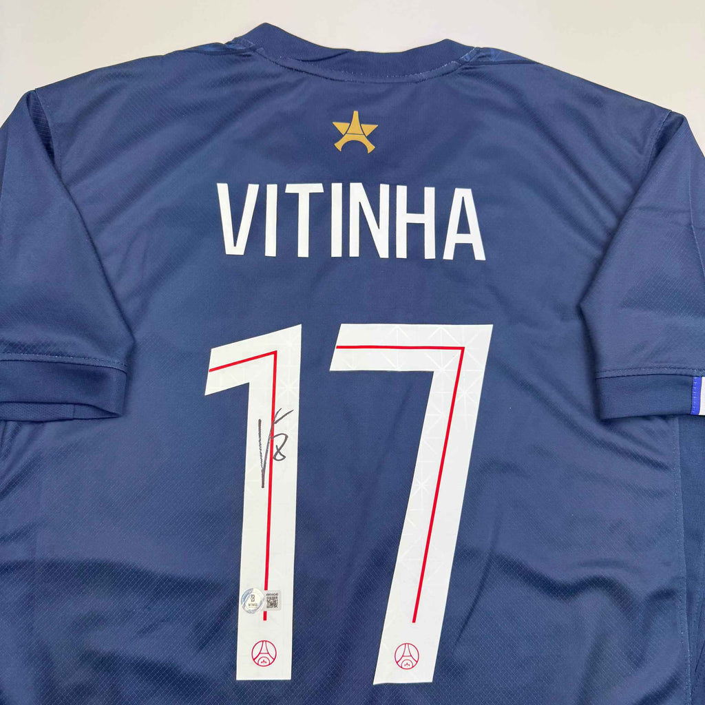 Autographed/Signed Vitinha PSG Paris Saint Germain Blue Soccer Futbol Jersey Beckett BAS COA