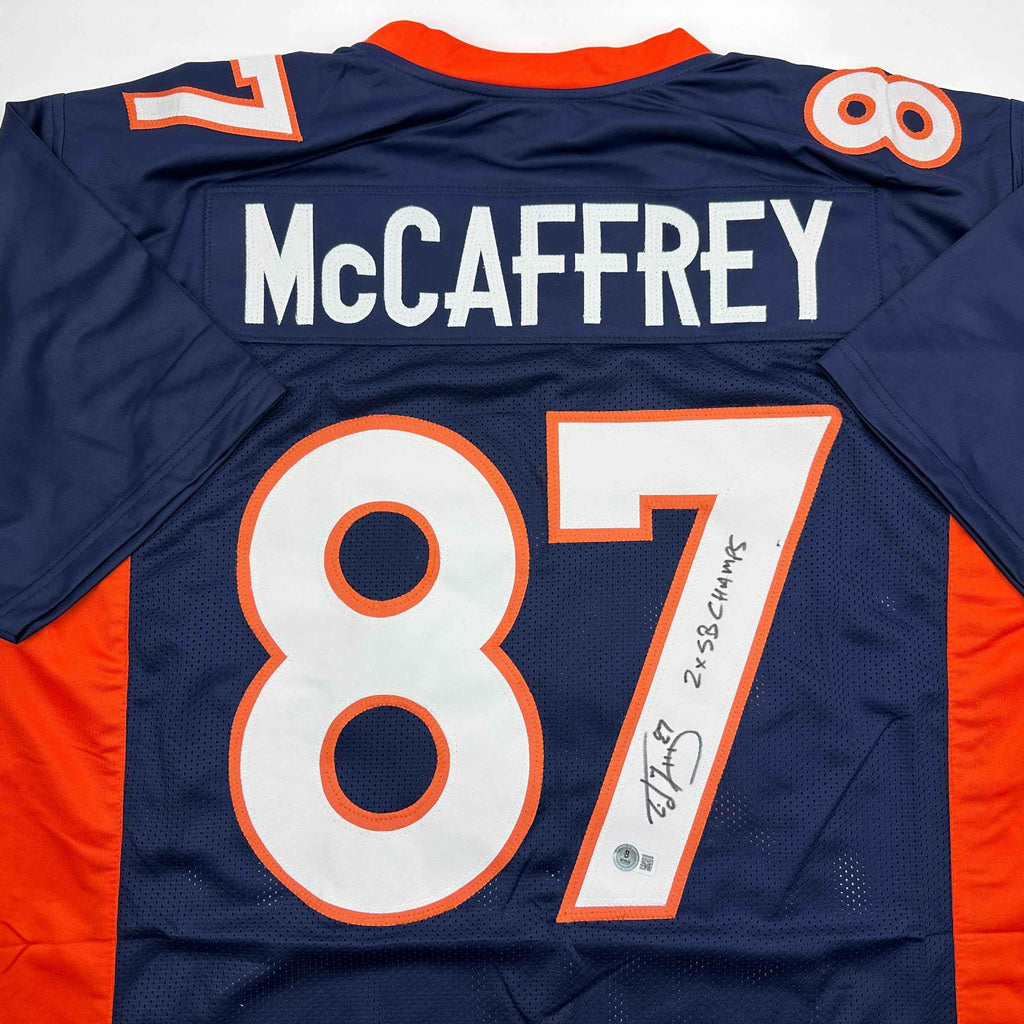 Autographed/Signed Ed McCaffrey 2x SB Champs Denver Blue Football Jersey Beckett BAS COA