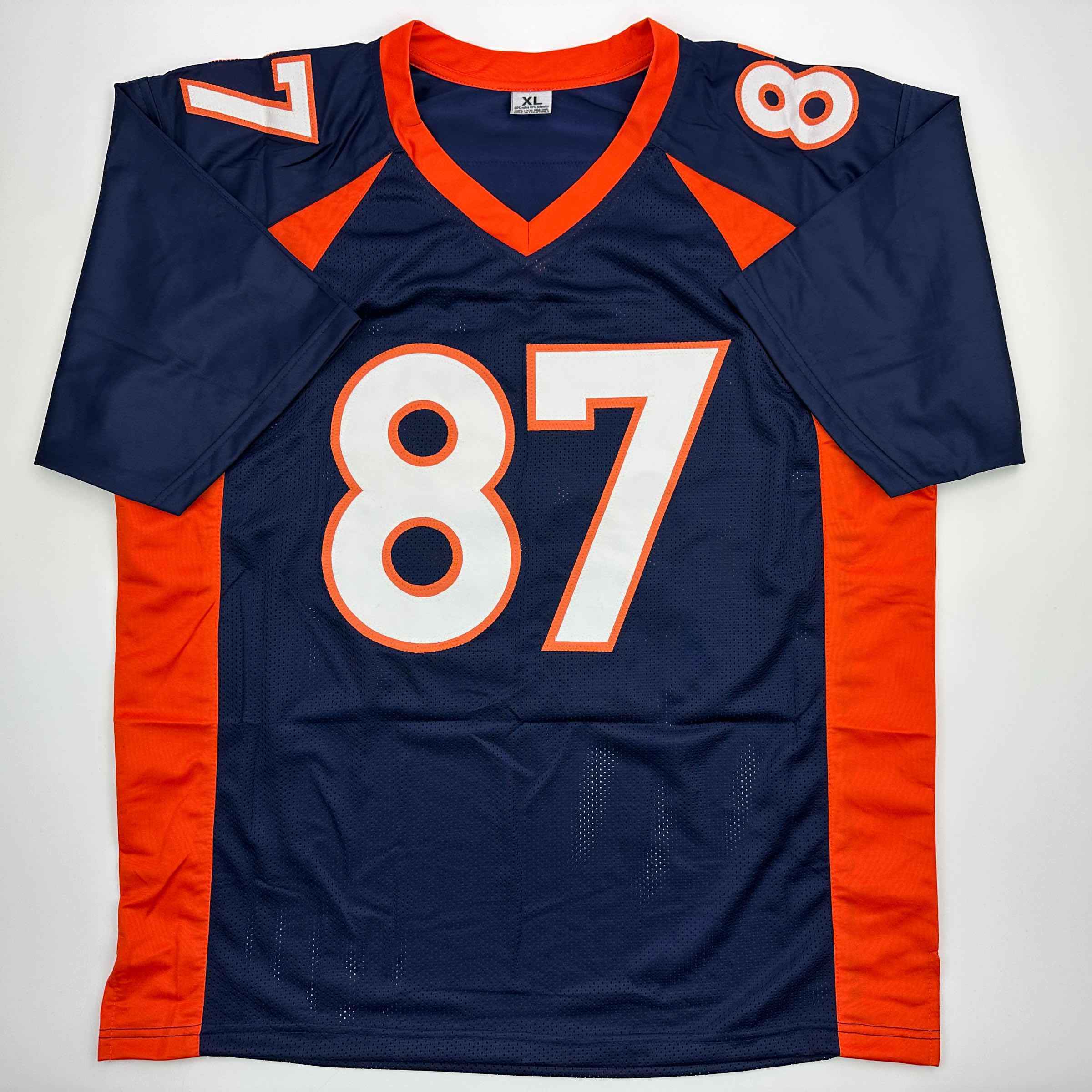 Autographed/Signed Ed McCaffrey 2x SB Champs Denver Blue Football Jersey Beckett BAS COA
