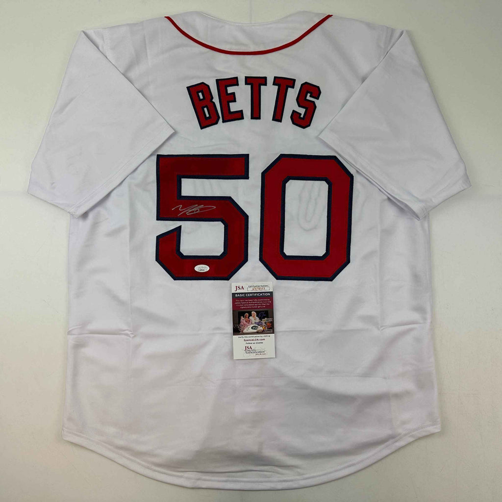 Autographed/Signed Mookie Betts Boston White Baseball Jersey JSA COA