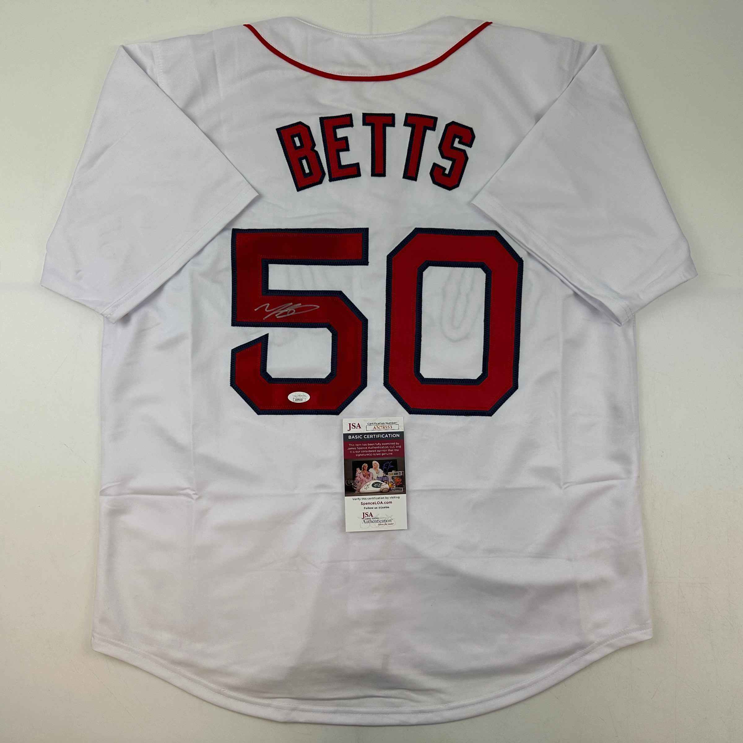 Autographed/Signed Mookie Betts Boston White Baseball Jersey JSA COA