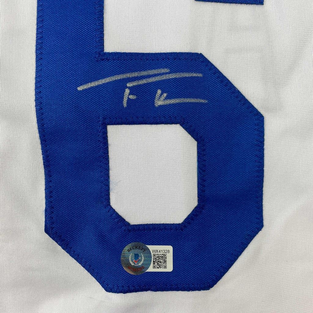 Autographed/Signed Trea Turner Los Angeles LA White Baseball Jersey Beckett BAS COA