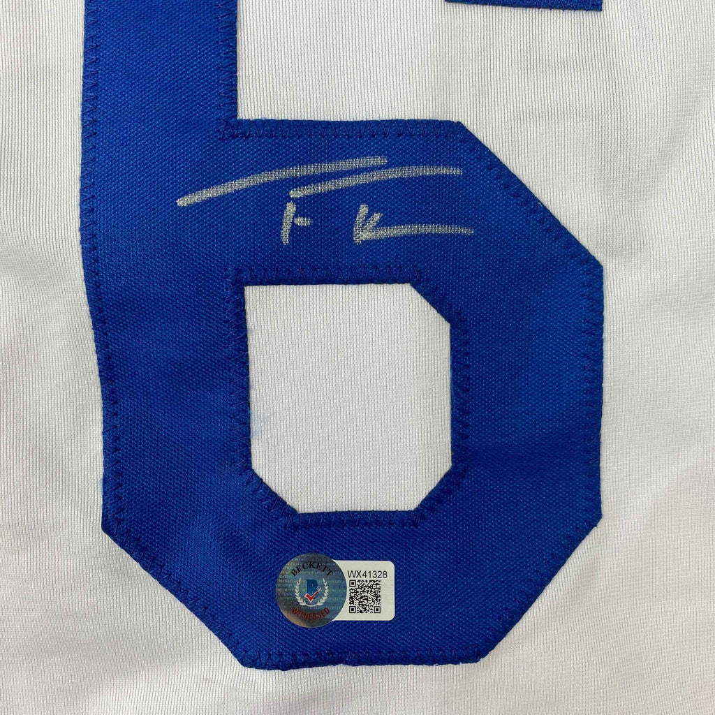Autographed/Signed Trea Turner Los Angeles LA White Baseball Jersey Beckett BAS COA