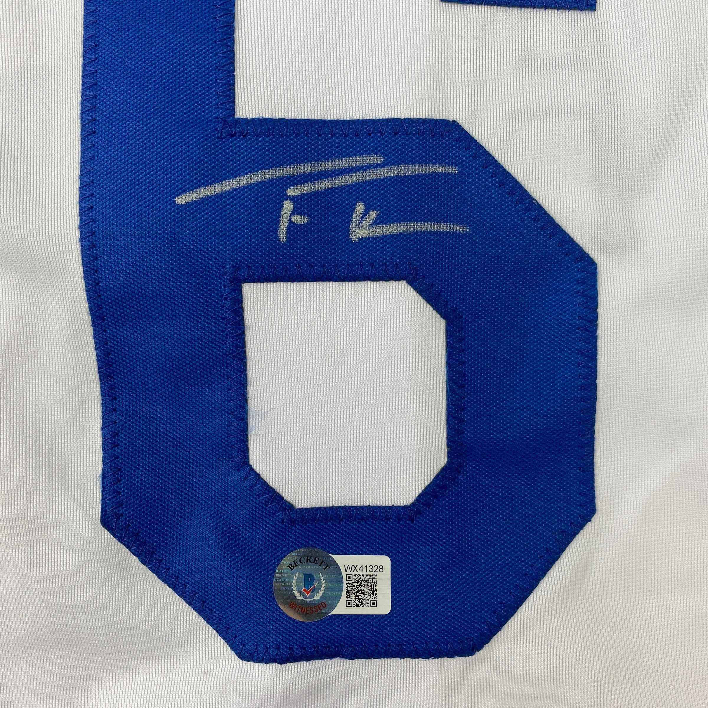 Autographed/Signed Trea Turner Los Angeles LA White Baseball Jersey Beckett BAS COA