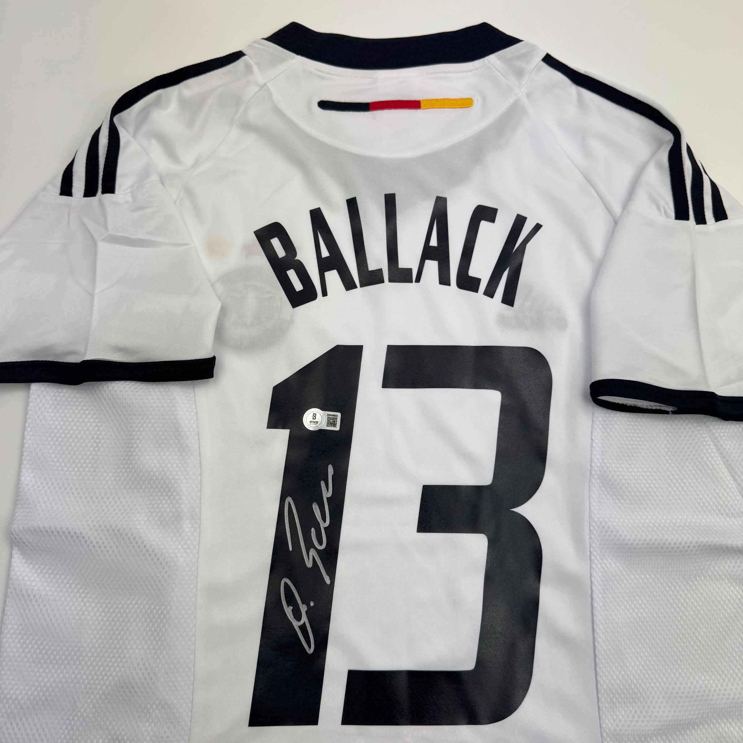 Autographed/Signed Michael Ballack Germany White Soccer World Cup Jersey Beckett BAS COA