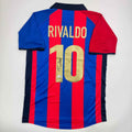 Autographed/Signed Rivaldo Ferreira FC Barcelona Blue Soccer Jersey Beckett BAS COA