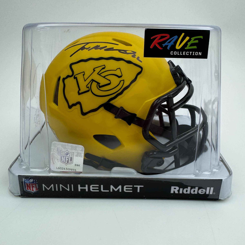 Autographed/Signed Trent McDuffie Kansas City Chiefs Yellow Rave Mini Football Helmet Beckett BAS COA