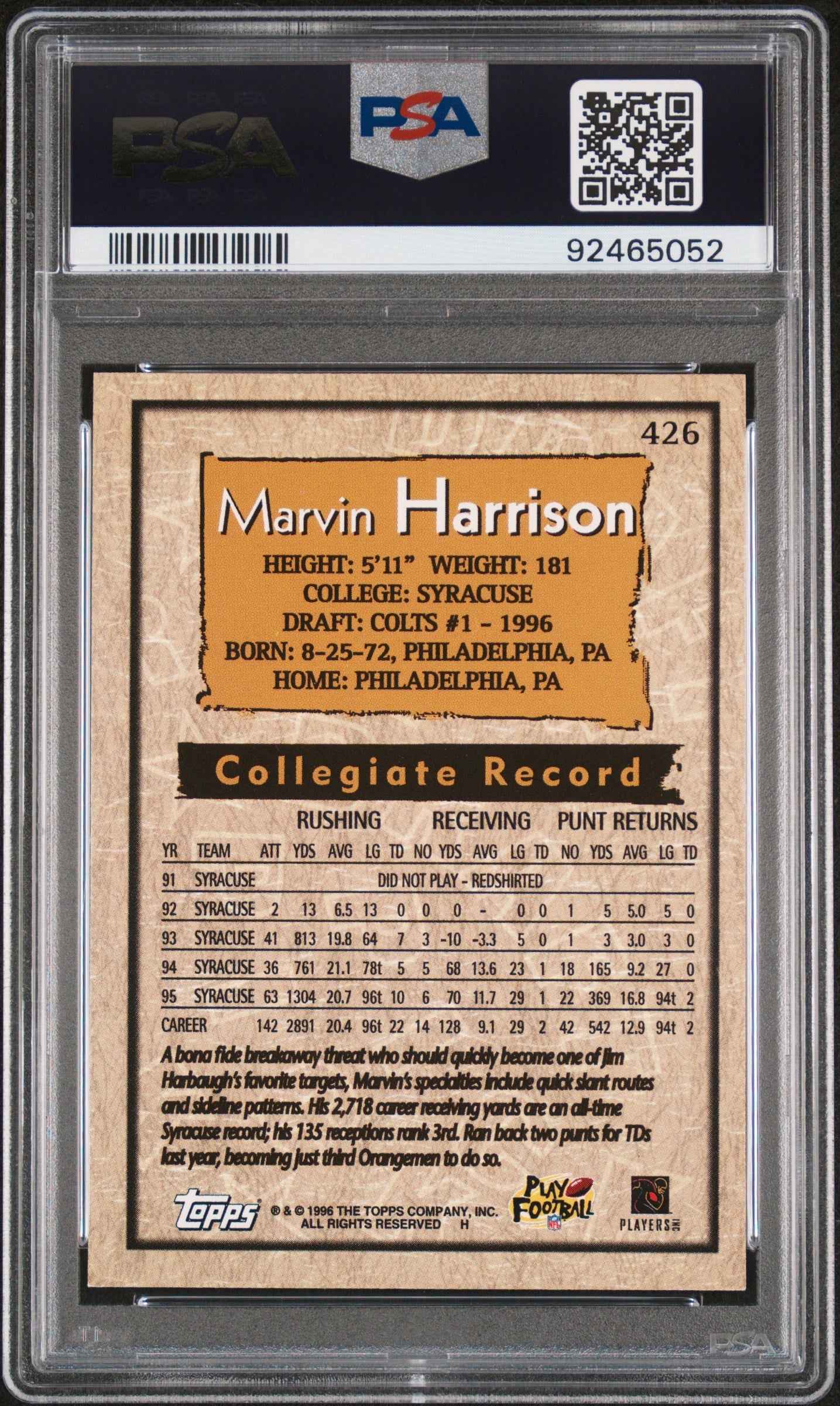 Graded 1996 Topps Marvin Harrison #246 Rookie RC Football Card PSA 9 Mint
