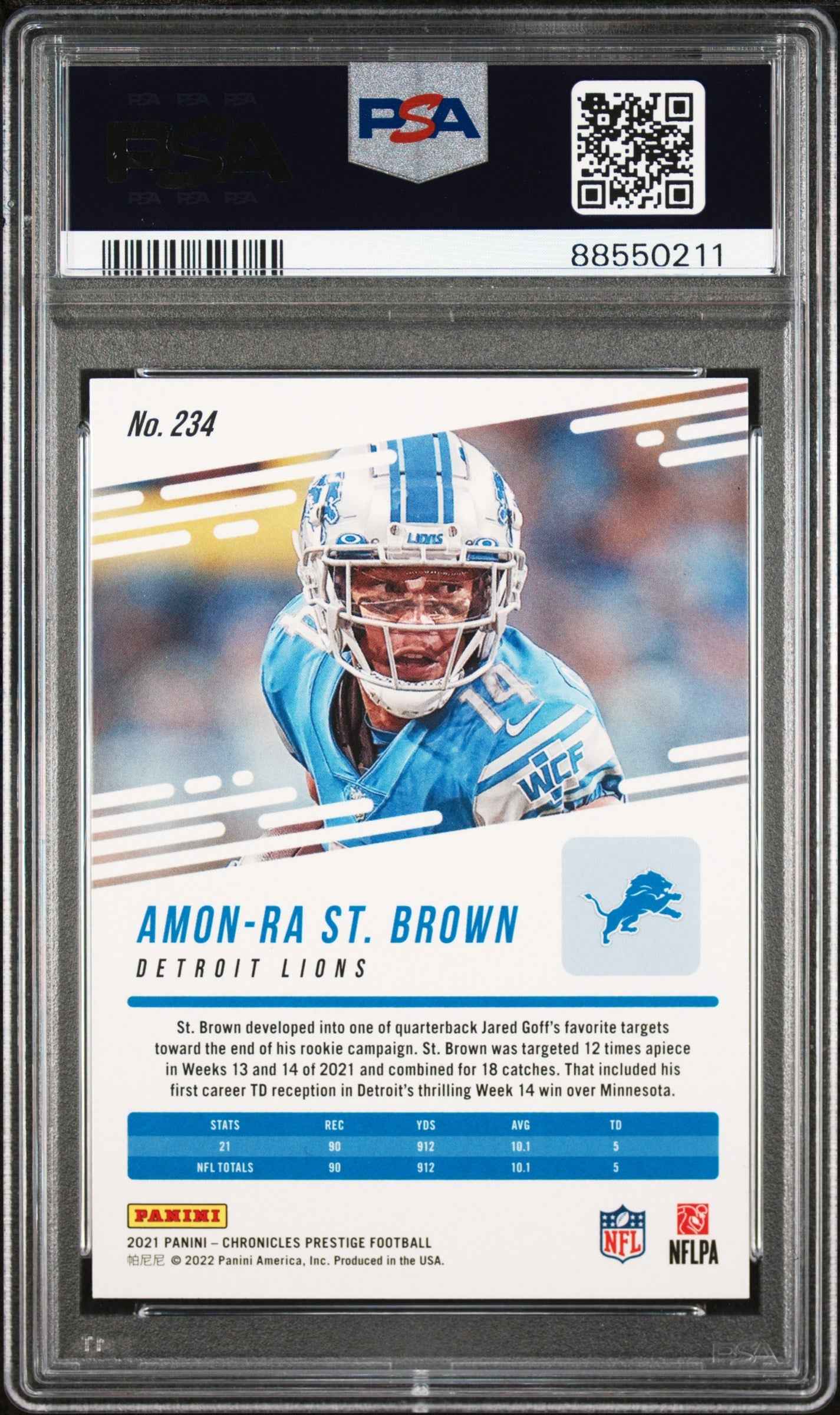 Graded 2021 Panini Chronicles Amon-Ra St. Brown #234 Prestige Rookie Update Rookie RC Football Card PSA 10 Gem Mint