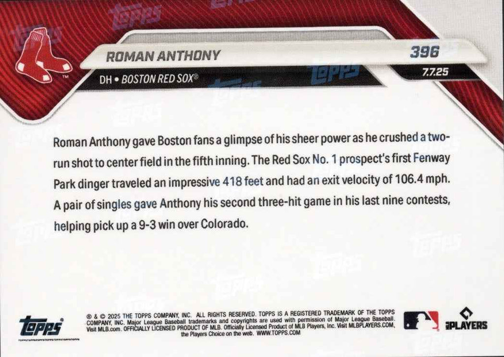 2025 Topps Now Roman Anthony #396 Black Foil /10 Boston Red Sox Rookie RC Baseball Card