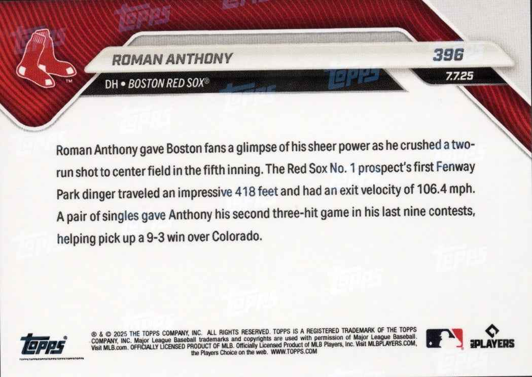 2025 Topps Now Roman Anthony #396 Black Foil /10 Boston Red Sox Rookie RC Baseball Card